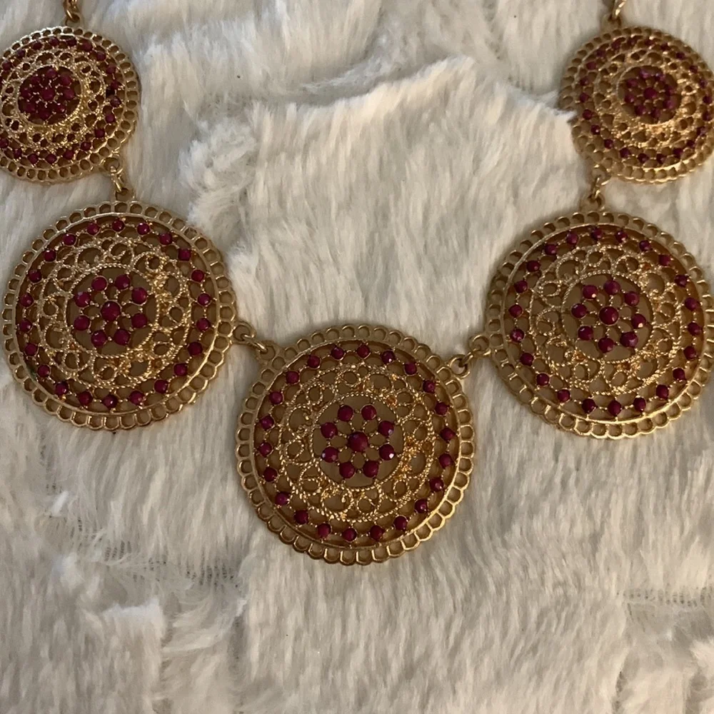 Gold Medallion Statement Necklace with tiny red rhinestones - Picture 3 of 6